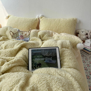 Yellow Pom-Pom Milk Velvet Winter Thick Duvet Cover Set