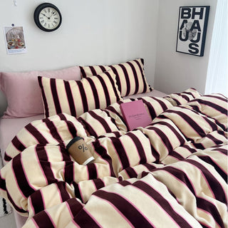 Pink Brown Wide Stripe Winter Duvet Cover Set