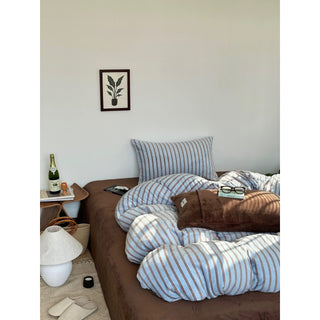 Blue Brown Double Stripe Milk Velvet Winter Duvet Cover Set