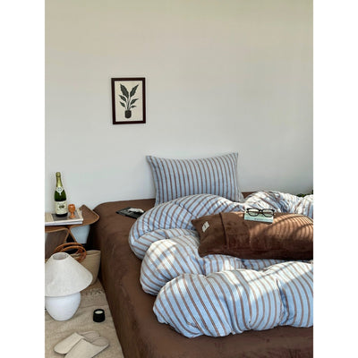 Blue Brown Double Stripe Milk Velvet Winter Duvet Cover Set