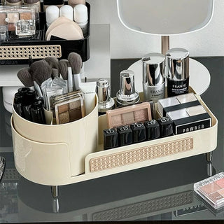 degree rotating brush stand with woven-style cosmetic storage tray