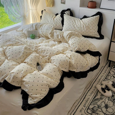Polka Dot Pattern Black Frill Monotone Duvet Cover Set  All Season