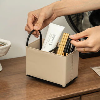 Handled Leather Brush Stand Remote Control Storage Box  Small Item Holder