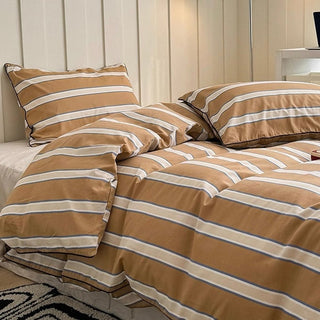 Brown Mixed Color Wide Stripe Cotton Duvet Cover Set 2 Sizes  All Seasons