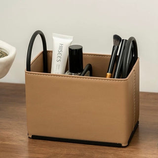 Handled Leather Brush Stand Remote Control Storage Box  Small Item Holder