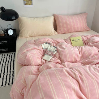 Pink Cream Double Stripe Winter Duvet Cover Set