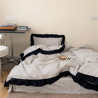 Gray Stripe Black Frill Cotton Duvet Cover Set  All Season