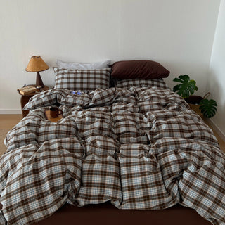 Brown Sheets Checkered Pattern Cotton Duvet Cover Set  All Seasons