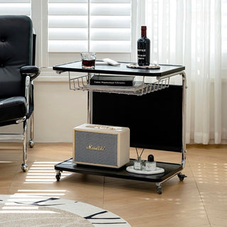 Caster-equipped U-shaped pocket storage two-tier side table  bedside table