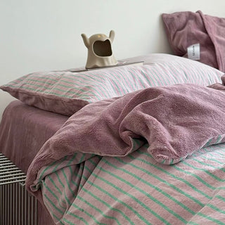 PinkPurple Pin Stripe Cotton Fleece Winter Duvet Cover Set