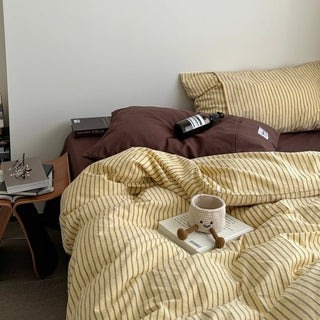 Yellow Brown Pin Stripe Cotton Duvet Cover Set 2 Sizes  All Seasons