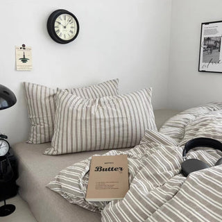 Greige White Stripe Cotton Duvet Cover Set  All Season