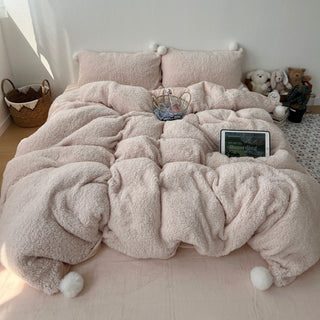 Pink Pom-Pom Milk Velvet Winter Thick Duvet Cover Set
