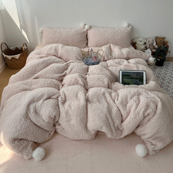 Pink Pom-Pom Milk Velvet Winter Thick Duvet Cover Set