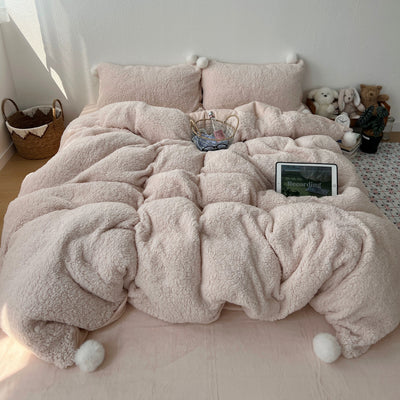 Pink Pom-Pom Milk Velvet Winter Thick Duvet Cover Set