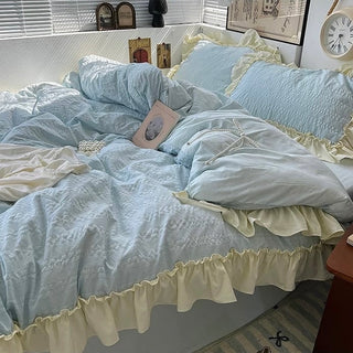 Frill Washed Cotton Duvet Cover Set  Blue Bed Cover
