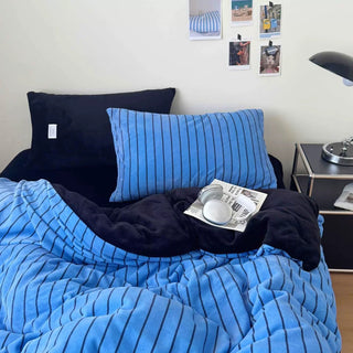 Dark Color Pinstripe Milk Velvet Winter Duvet Cover Set