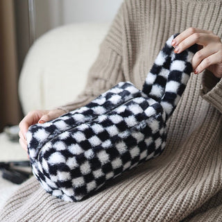 Checkerboard pattern faux fur pouch cosmetic storage bag