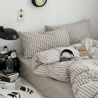 Greige White Stripe Cotton Duvet Cover Set  All Season