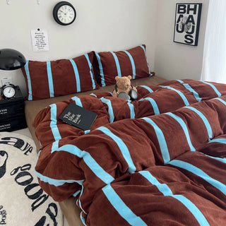 Brown Blue Wide Stripe Winter Duvet Cover Set