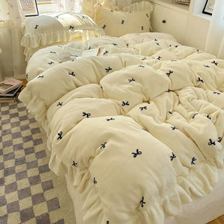Ribbon pattern frill milk velvet winter duvet cover set 2 sizes