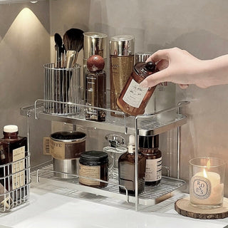 Striped Clear Stainless Steel Two-Tier Storage Rack Silver Perfume Storage