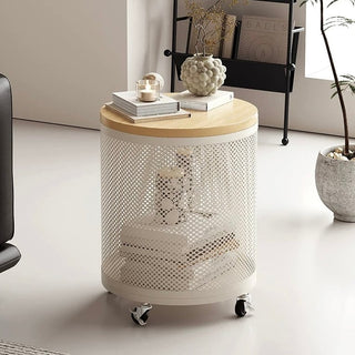Wheeled Wood Lid Storage Round Side Table