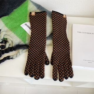Smartphone Compatible Checkerboard Pattern Long Gloves