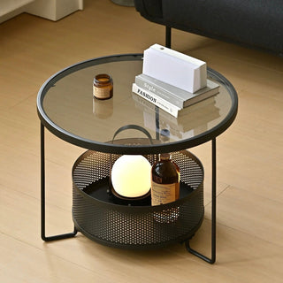 Iron Glass Round Side Table  Low Table with Storage