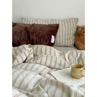 Beige Brown Double Stripe Milk Velvet Winter Duvet Cover Set