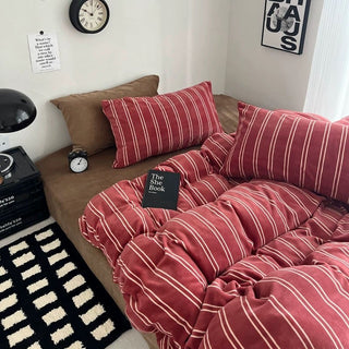 Red Ivory Stripe Winter Duvet Cover Set