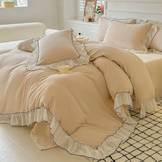 Frill Lace Milk Velvet Winter Duvet Cover Set Beige Bed Cover Bedding Cover