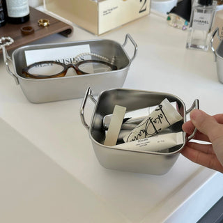 Set of 2  Stainless Steel Storage Baskets with Handles Silver