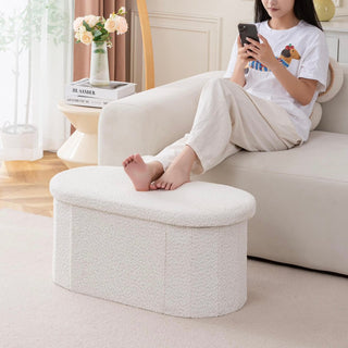 Folding Oval Boucle Storage Stool  Ottoman Bench Stool Storage Storage Box