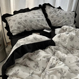Flower Pattern Black Frill Monotone Duvet Cover Set  All Season