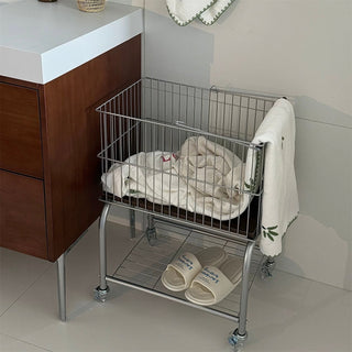 Silver Wood Laundry Basket Cart Wagon Storage