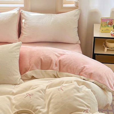 Ribbon embroidery two-tone milk velvet winter duvet cover set
