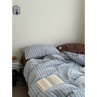 Blue Brown Double Stripe Milk Velvet Winter Duvet Cover Set