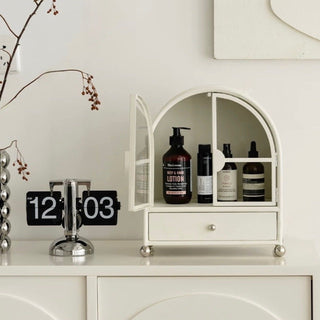 Door-equipped arched cosmetic storage display rack white cabinet