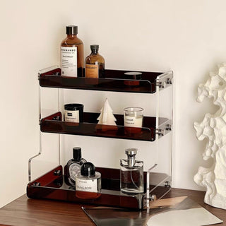 Clear Brown Acrylic Three-Tier Storage Display Rack for Cosmetics and Perfumes