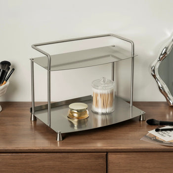Stainless steel silver storage two-tier display rack for cosmetics and perfumes.