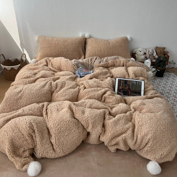 Brown Pom-pom Milk Velvet Winter Thick Duvet Cover Set
