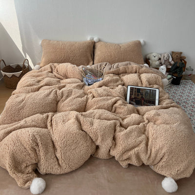Brown Pom-pom Milk Velvet Winter Thick Duvet Cover Set