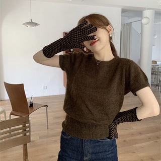 Smartphone Compatible Checkerboard Pattern Long Gloves