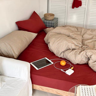 Red Beige Pin Stripe Cotton Duvet Cover Set 2 Sizes  All Seasons