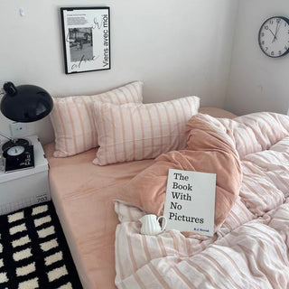 Pink Stripe Fluffy Flannel Duvet Cover Set
