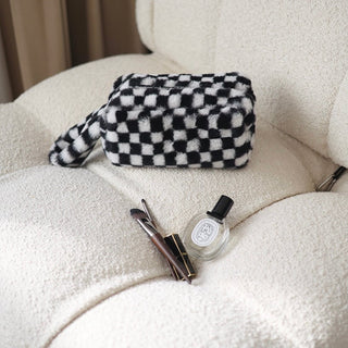 Checkerboard pattern faux fur pouch cosmetic storage bag