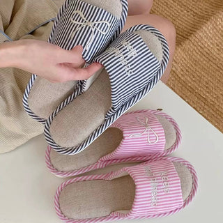 Ribbon embroidered striped linen room shoes  3 sizes indoor slippers.