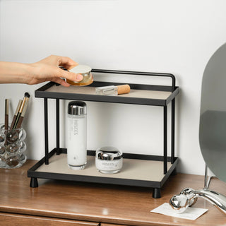 Top handle included. Iron and leather black frame storage tray two-tiered rack. Display rack.