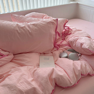Pink Side Ribbon Plain Piping Duvet Cover Set 2 Sizes  Bed Cover All Seasons Year-Round